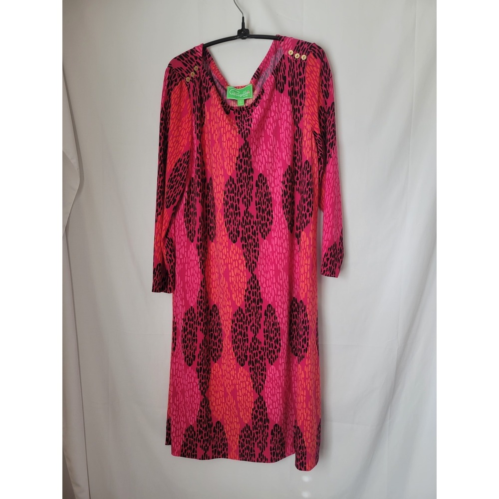 Cappagallo Women's L Pink Orange Black Abstract Geometric V-Neck 3/4 Sleeve